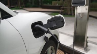 Elektrikli araba parkı ve şarj istasyonunun yanında şarj edilen enerji konseptinin sürdürülebilirliği. Çevresel koruma için yenilenebilir enerji tarafından kullanılan elektrikli araç.