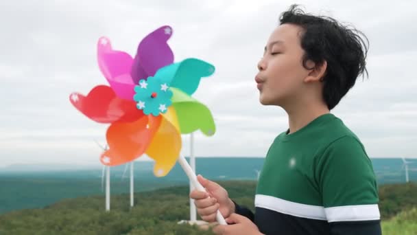 Progresszív Fiatal Ázsiai Fiú Aki Szélturbinás Játékkal Játszik Szélturbinafarmon Zöld — Stock videók