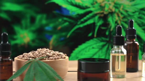 大麻合法研究所で生産された天然スキンケア化粧品モックアップ製品 大麻植物の背景の庭とテーブルの上のCbd油 麻種子 および保湿クリームジャー製品 コピースペース — ストック動画