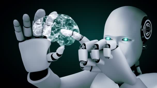 Roboter Hominoide Halten Hud Hologramm Bildschirm Konzept Von Denkenden Gehirn — Stockvideo