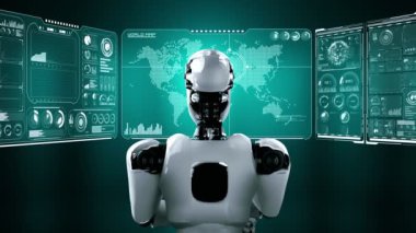 Yapay zeka hominoid robotunun hologram ekranını analiz etmesi, makine öğrenme süreciyle yapay zeka kullanarak büyük veri analizi yaptığını gösteriyor. 3B görüntüleme.