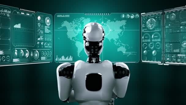 Myšlenka Hominoid Robot Analyzující Hologram Obrazovky Zobrazující Koncept Big Data — Stock video