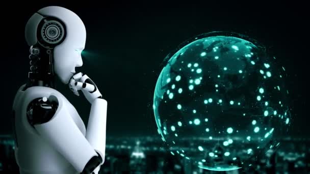 Thinking Hominoid Robot Analyzing Hologram Screen Shows Concept Network Global — Wideo stockowe