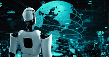 Futuristic robot artificial intelligence huminoid AI transportation analytic technology development and machine learning concept. Global robotic science research for future of human . 3D rendering.