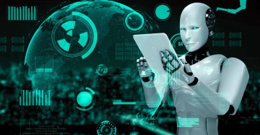 Futuristic robot artificial intelligence huminoid AI for industrial factory technology development and machine learning concept. robotic bionic science research for future of human life. 3D rendering.