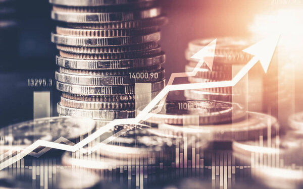 Finance and money technology background concept of business prosperity and asset management . Creative graphic show economy and financial growth by investment in valuable asset to gain wealth profit .