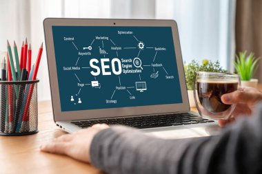 Model e-ticaret için SEO arama motoru optimizasyonu ve bilgisayar ekranında gösterilen çevrimiçi perakende işi