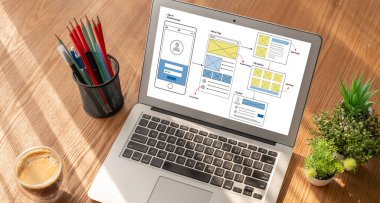 Model mobil uygulama ve web sitesi için UX UI tasarım süreci. Profesyonel uygulama geliştiricisi için kablo grafiğinin yaratıcı prototipi .