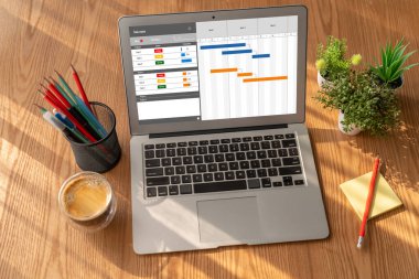 Ekip projesinin zaman çizelgesini gösteren bilgisayar ekranında, modern iş projesi yönetimi için proje planlama yazılımı