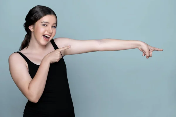 Young Charming Caucasian Teenager Girl Clean Fresh Skin Posing Pointing — Stockfoto