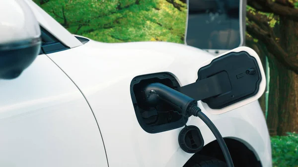 緑の森の充電ステーションから再生可能エネルギーとクリーンエネルギーを動力とする電気自動車の環境意識を高めるための進歩的なキャンペーン 将来の自動車用Ev車 — ストック写真