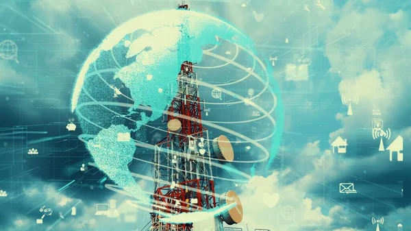 Telekomunikační Věž Grafikou Globální Obchodní Přestavby Commerce Proti Modré Obloze — Stock fotografie
