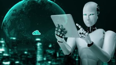 AI robot huminoid uses cloud computing technology to store data on online server . Futuristic concept of cloud information storage analyzed by machine learning process . 3D rendering .