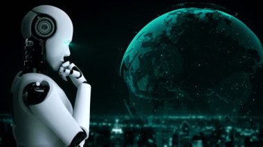 AI robot huminoid uses cloud computing technology to store data on online server . Futuristic concept of cloud information storage analyzed by machine learning process . 3D rendering .