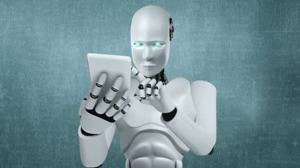 Ρομπότ Ανθρωποειδές Χρησιμοποιούν Κινητό Τηλέφωνο Tablet Για Μηχανική Επιστήμη Μελετώντας — Αρχείο Βίντεο