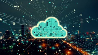 Bulut hesaplama teknolojisi ve veri paylaşımı için çevrimiçi veri depolama. Bilgisayar, bulut veri transferi için internet ağ sunucu servisine bağlanır ve 3B fütürist grafik arayüzünde gösterilir .