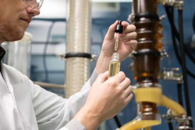 Bir bilim adamı ya da eczacı CBD kenevir yağını laboratuarda tıbbi amaçlar için çıkartıyor. Esrar çıkarma makinesinden üretilen alternatif esrar temelli ilaçlar.