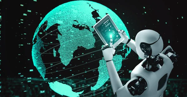 Futuristic robot artificial intelligence huminoid AI data analytic technology development and machine learning concept. Global robotic bionic science research for future of human life. 3D rendering.