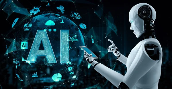 stock image Robot hominoid use mobile phone or tablet in concept of AI thinking brain , artificial intelligence and machine learning process for the 4th fourth industrial revolution . 3D rendering.