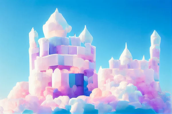 Splendid ice floating castle for fairy tale princess in the sky kingdom with beautiful cloudscape in digital art . Fantasy dreamlike ice texture sky castle. Generative AI