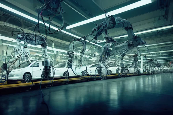 Splendid of automotive industry with assembly line conveyors. Advance modern high-tech vehicle assembly plant. Robotic arm welding bodywork, car frame. Generative AI