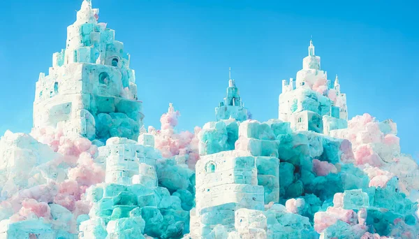 Splendid ice floating castle for fairy tale princess in the sky kingdom with beautiful cloudscape in digital art . Fantasy dreamlike ice texture sky castle. Generative AI