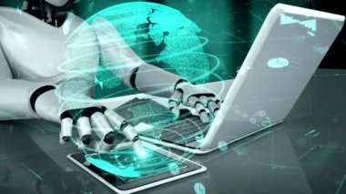 Future financial technology controll by AI robot huminoid uses machine learning and artificial intelligence to analyze business data and give advice on investment and trading decision . 3D rendering .