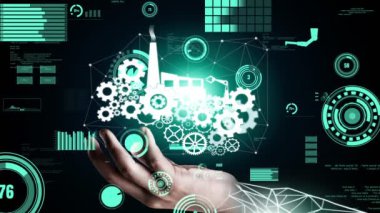Futuristic industry 4.0 and inventive mechanized engineering concept with graphic user interface showing automation design, robot operation, usage of machine deep learning for future manufacturing.