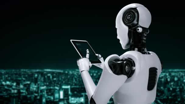 在第四次工业革命中 机器人人形机器人利用平板电脑进行大数据分析 利用人工智能 人工智能和机器学习过程 3D渲染 — 图库视频影像