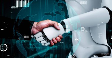 Future financial technology controll by AI robot huminoid uses machine learning and artificial intelligence to analyze business data and give advice on investment and trading decision . 3D rendering .