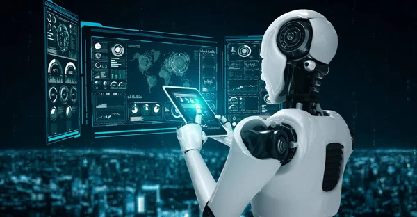 Робот Гуманоид Использует Планшетный Компьютер Анализа Больших Данных Использованием Мозга — стоковое фото