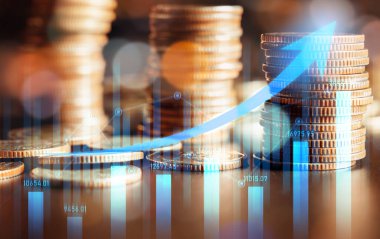 Finans ve para teknolojisi iş refahı ve varlık yönetimi kavramı. Yaratıcı grafik, refah karı elde etmek için değerli varlıklara yatırım yaparak ekonomi ve mali büyümeyi gösteriyor .