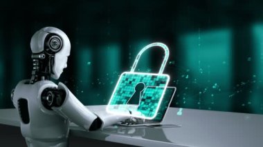 AI robot huminoid uses cloud computing technology to store data on online server . Futuristic concept of cloud information storage analyzed by machine learning process . 3D rendering .