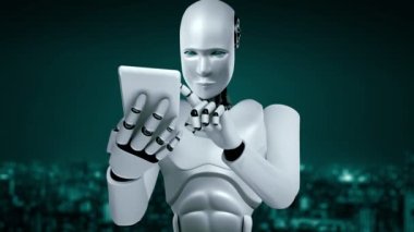 Future financial technology controll by AI robot huminoid uses machine learning and artificial intelligence to analyze business data and give advice on investment and trading decision . 3D rendering .