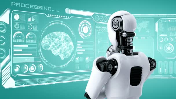 Pensando Robô Hominóide Analisando Tela Holograma Mostrando Conceito Inteligência Artificial — Vídeo de Stock