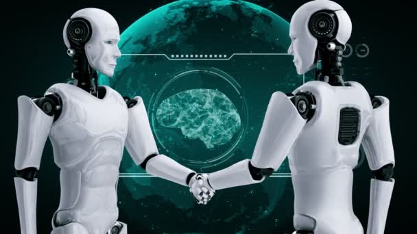 Rendering Hominoid Robot Handshake Collaborate Future Technology Development Thinking Brain — Vídeo de Stock