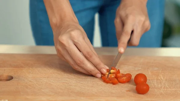 Close Hands Holding Knife Preparing Contented Meal Sliced Tomatoes Other — 스톡 사진
