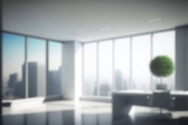 Blur background of empty modern office background in city center . Workspace interior design . Clean and bright office gallery background