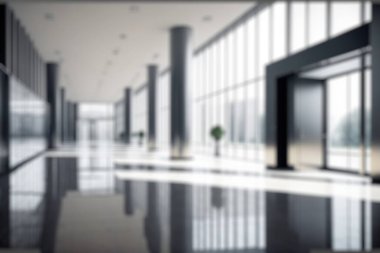 Blur background of empty entrance hall of modern public station or large convention center lobby . Contemporary beautiful office hallway with bright and clean composition