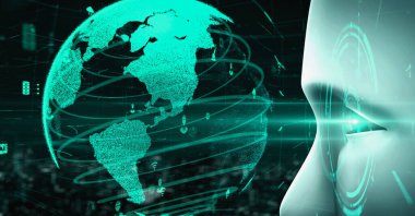 Futuristic robot artificial intelligence huminoid AI for industrial factory technology development and machine learning concept. robotic bionic science research for future of human life. 3D rendering.