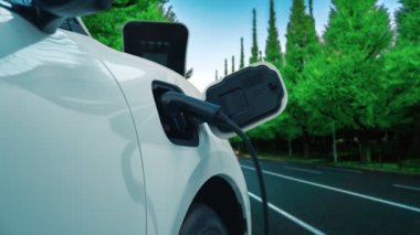 Elektrikli araç konsepti, yeşil çevre için yenilenebilir ve temiz enerjiyle çalışan EV otomobilinin varış noktasına ulaşmadan önce ormandaki şarj istasyonunun enerjisini şarj etmek için durur..