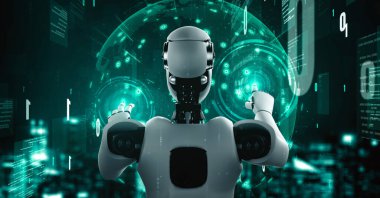 Futuristic robot artificial intelligence huminoid AI programming coding technology development and machine learning concept. Robotic bionic science research for future of human life. 3D rendering.