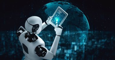 Robot hominoid using tablet computer for global network connection using AI thinking brain , artificial intelligence and machine learning process for 4th industrial revolution . 3D rendering.
