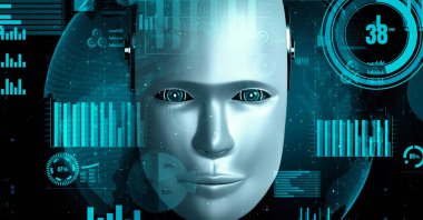 Future financial technology controll by AI robot huminoid uses machine learning and artificial intelligence to analyze business data and give advice on investment and trading decision . 3D rendering .