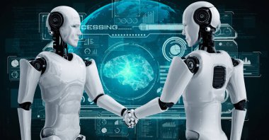 3D rendering hominoid robot handshake to collaborate future technology development by AI thinking brain, artificial intelligence and machine learning process for 4th industrial revolution.