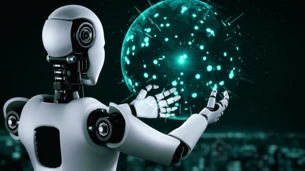 Hominoid Robot Holding Hologram Screen Shows Concept Global Communication Network — Vídeo de Stock