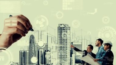 Şehir sivil planlama ve yaratıcı gayrimenkul geliştirme. Yaratıcı şehir binası tasarlamak için soyut şehir çizimine bakan mimar insanlar. Mimarlık hayali ve hırs konsepti.