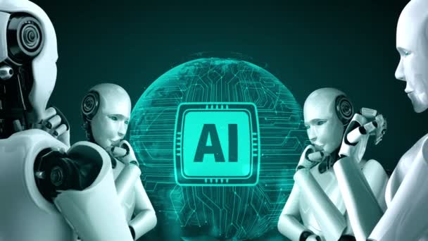 Pensando Robô Hominóide Analisando Tela Holograma Mostrando Conceito Inteligência Artificial — Vídeo de Stock