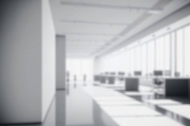 Blur background of empty modern office background . Workspace interior design white color . Clean and bright office gallery background