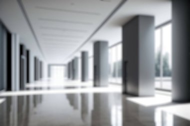 Blur background of empty entrance hall of modern public station or large convention center lobby . Contemporary beautiful office hallway with bright and clean composition